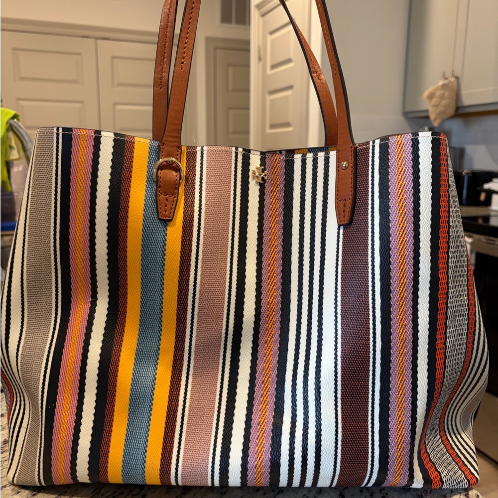 Tory Burch Multicolor Striped Tote with Brown Handles